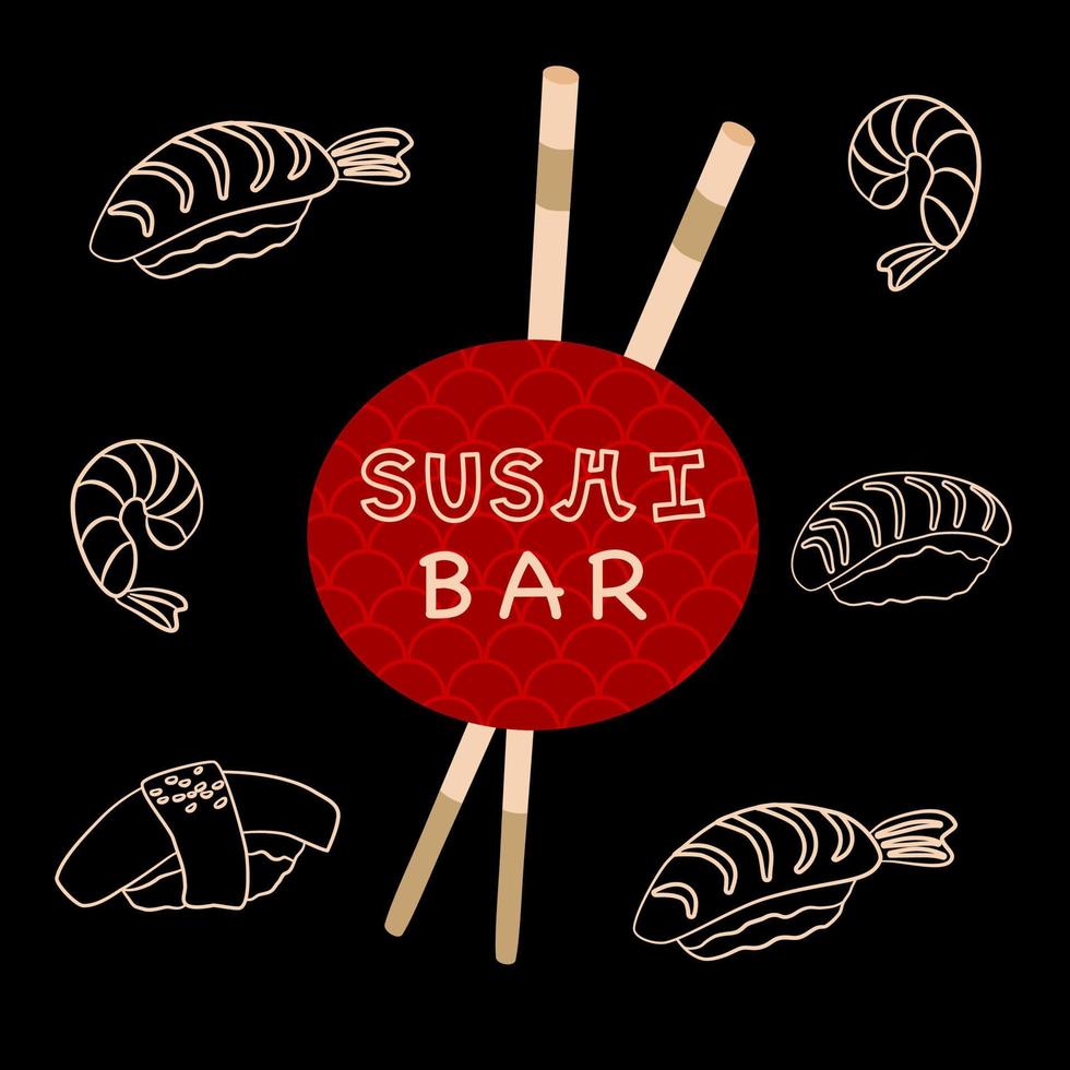 sushi bar baner med mörk bakgrund och fyrkant sammansättning. japansk restaurang annonsera affisch. vektor