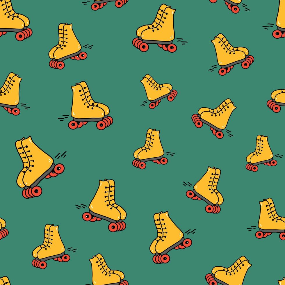 Nahtloses Muster mit leuchtend gelben Rollschuhen im Doodle-Stil, Vektorillustration auf grünem Hintergrund. 90er-Vibes, Design zum Einwickeln oder Verpacken, Freizeit vektor