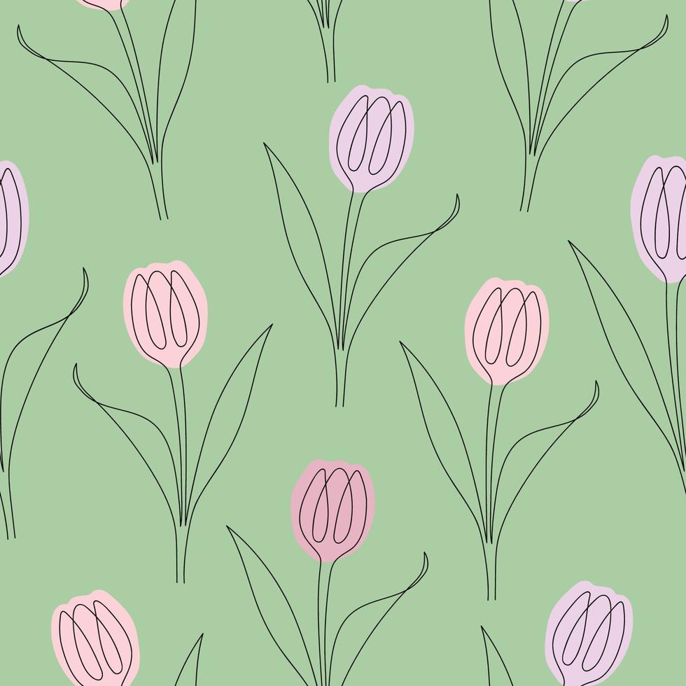 nahtlose Muster von Tulpen in einer Linie gezeichnet. vektorillustration lokalisiert auf grünem hintergrund. vektor