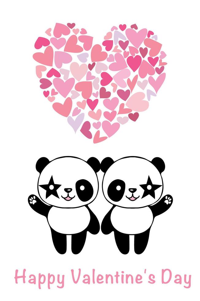Valentinskarte mit niedlichen Pandas und Herzen. das Konzept der Liebe. Abbildung auf weißem Hintergrund. vektor