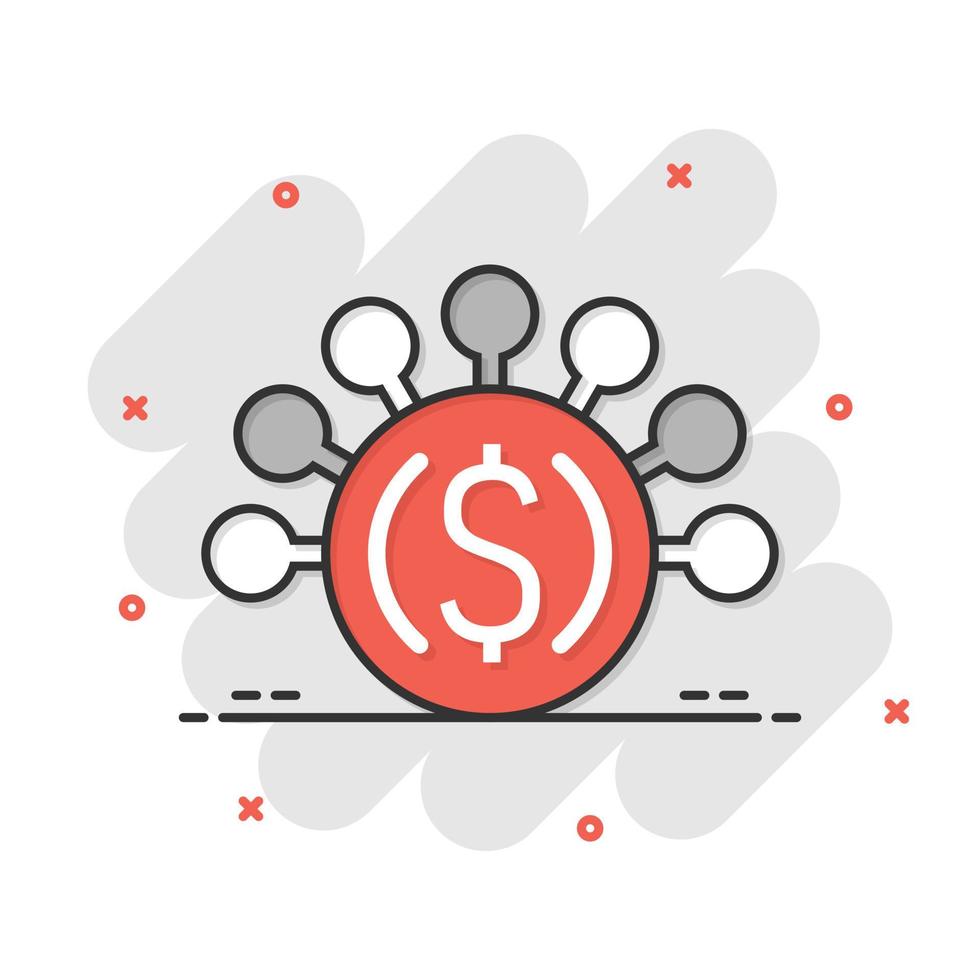 pengar inkomst ikon i komisk stil. dollar mynt tecknad serie vektor illustration på vit isolerat bakgrund. finansiera strukturera stänk effekt företag begrepp.