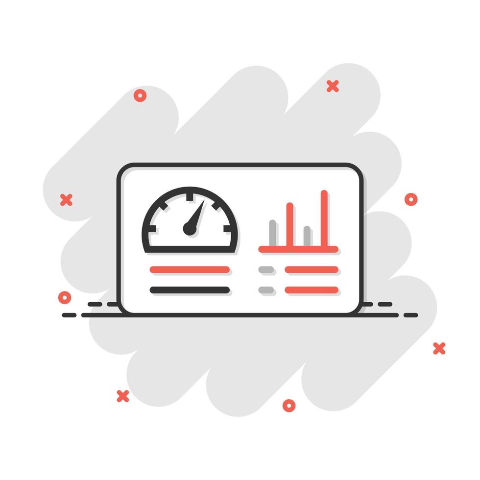 Dashboard-Symbol im Comic-Stil. Finanzanalysator-Cartoon-Vektorillustration auf weißem, isoliertem Hintergrund. Leistungsalgorithmus-Splash-Effekt-Geschäftskonzept. vektor