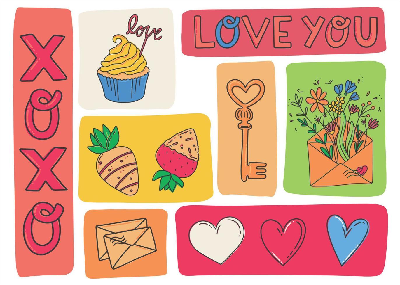 vykort för hjärtans dag. en brev med blommor, en nyckel från de hjärta, en chokladtäckta jordgubbe, en kaka och de inskrift jag kärlek du. symboler av de Semester av Allt älskare. vektor