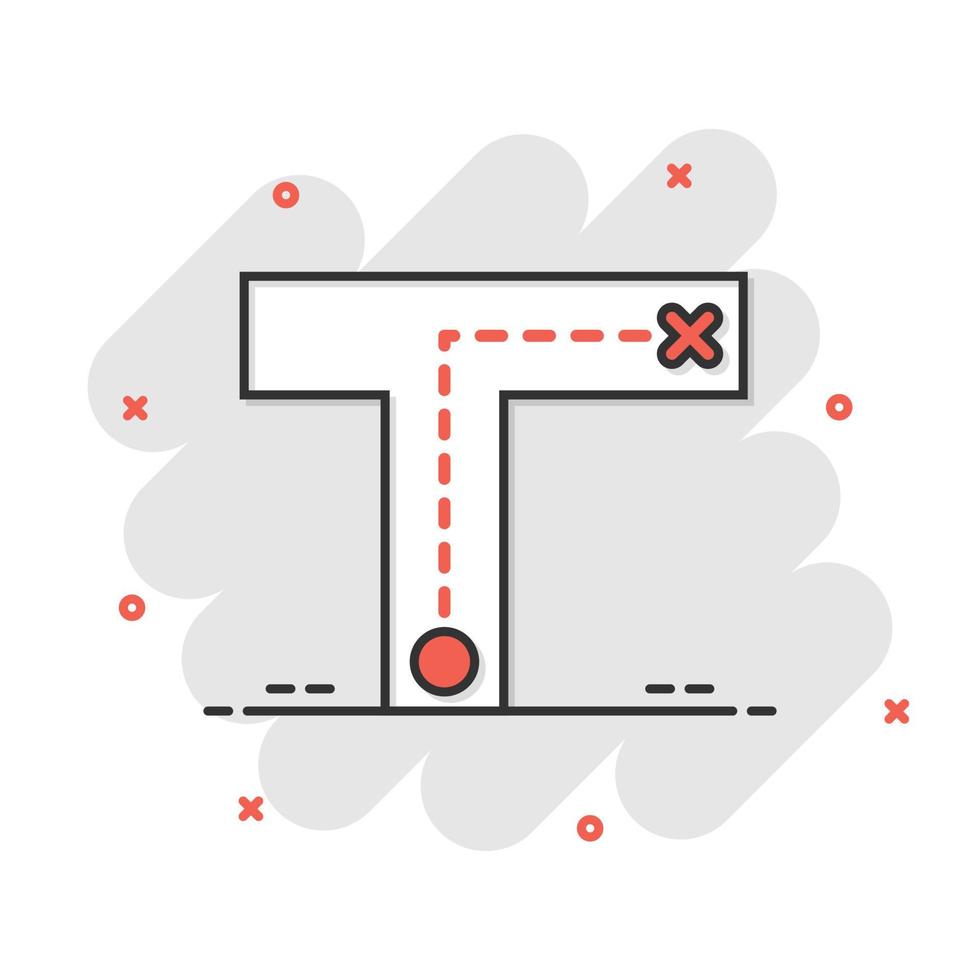 Kreuzungssymbol im Comic-Stil. straßennavigationskarikatur-vektorillustration auf weißem lokalisiertem hintergrund. lokalisieren sie das geschäftskonzept des splash-effekts der pin-position. vektor