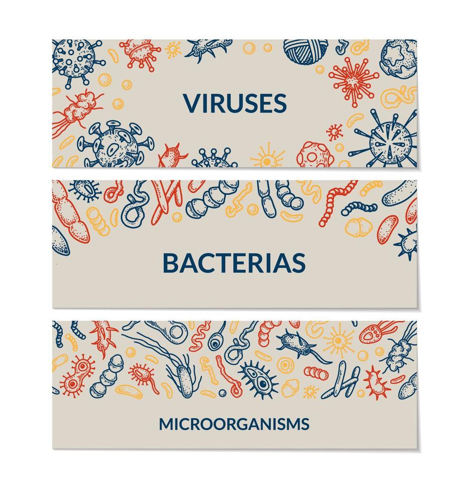 uppsättning av mikrobiologi banderoller. samling av annorlunda typer av mikroorganismer. vetenskaplig vektor illustration i skiss stil