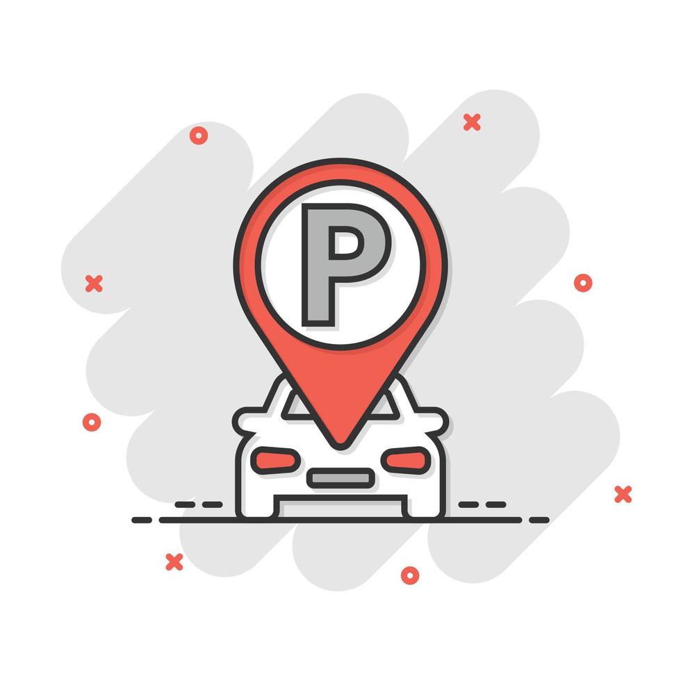 bil parkering ikon i komisk stil. bil stå tecknad serie vektor illustration på vit isolerat bakgrund. vägskylt stänk effekt företag begrepp.