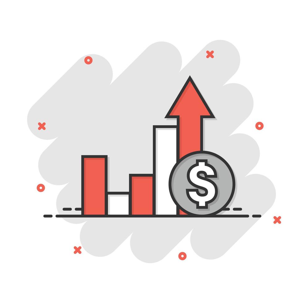 tillväxt pil ikon i komisk stil. inkomst tecknad serie vektor illustration på vit isolerat bakgrund. öka stänk effekt företag begrepp.