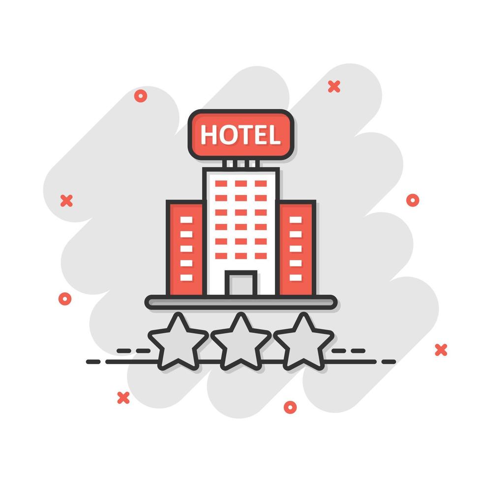 Hotel 3-Sterne-Schild-Symbol im Comic-Stil. gasthausgebäude-karikaturvektorillustration auf weißem lokalisiertem hintergrund. Geschäftskonzept mit Splash-Effekt für Hostelzimmer. vektor