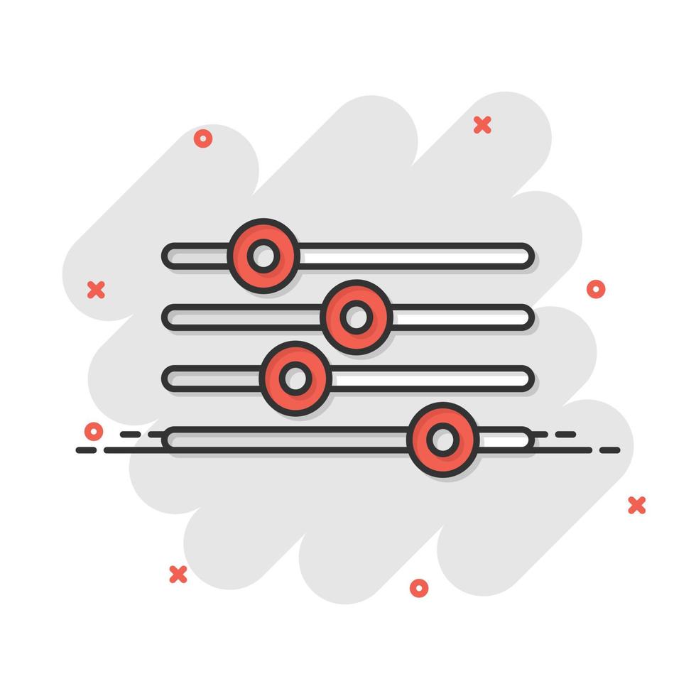 kontrollera volym ikon i komisk stil. audio justeras tecknad serie tecken vektor illustration på vit isolerat bakgrund. filtrera stänk effekt företag begrepp.