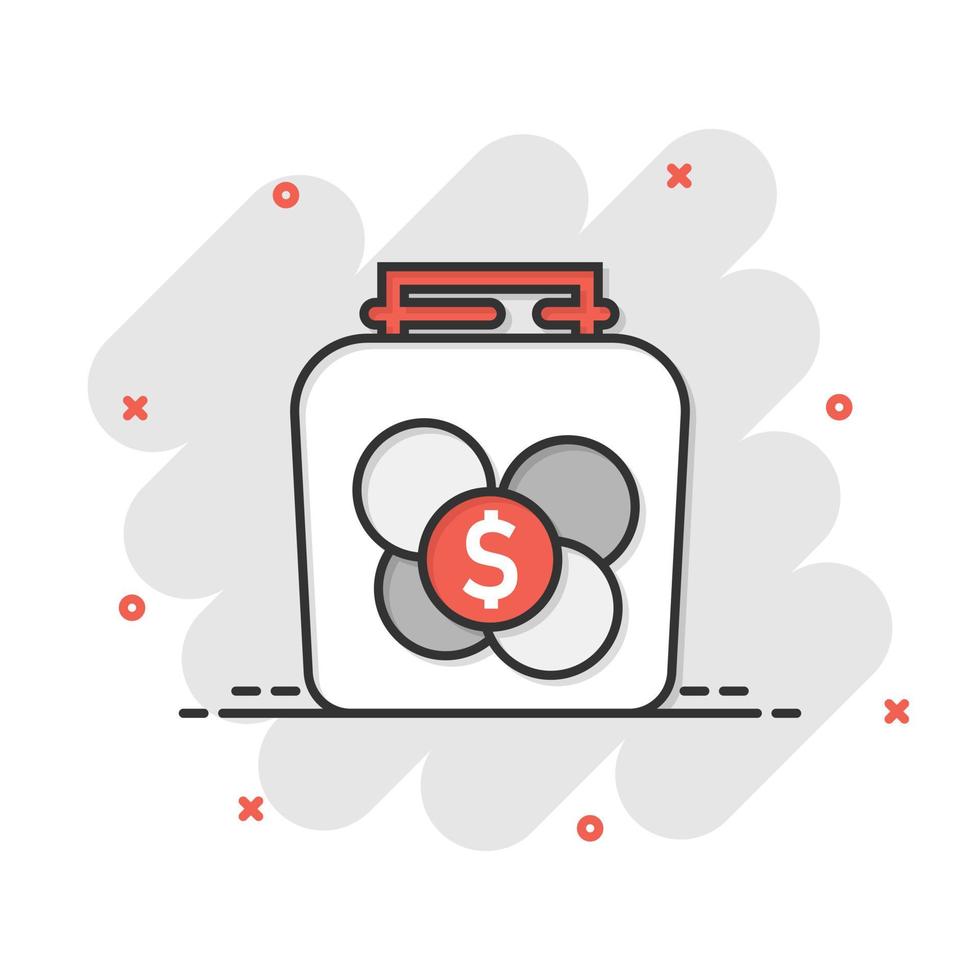 pengar låda ikon i komisk stil. mynt burk behållare tecknad serie vektor illustration på vit isolerat bakgrund. donation sparbössa stänk effekt företag begrepp.
