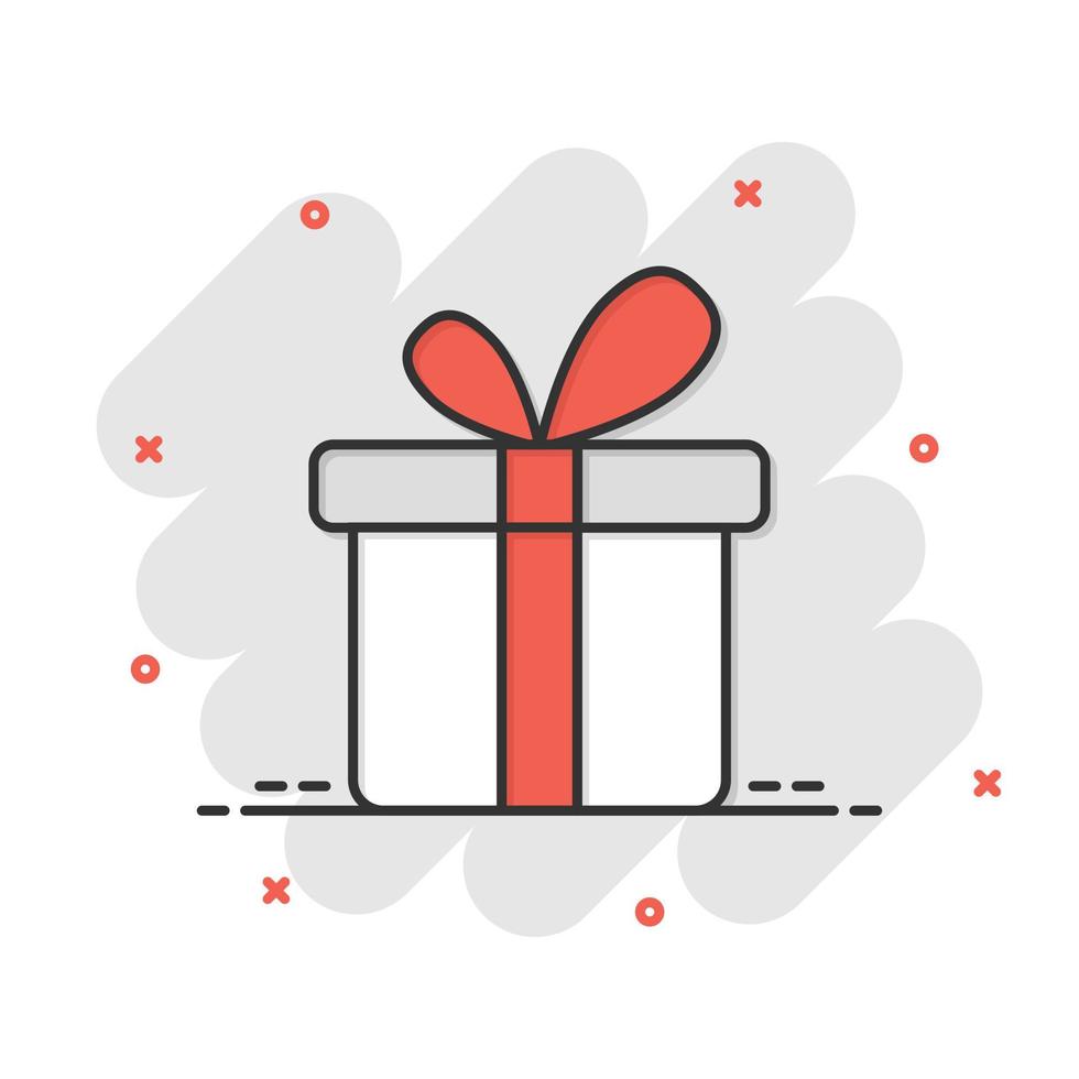 Geschenkbox-Symbol im Comic-Stil. Präsentieren Sie Paketkarikatur-Vektorillustration auf weißem lokalisiertem Hintergrund. Geschäftskonzept mit Überraschungsspritzeffekt. vektor