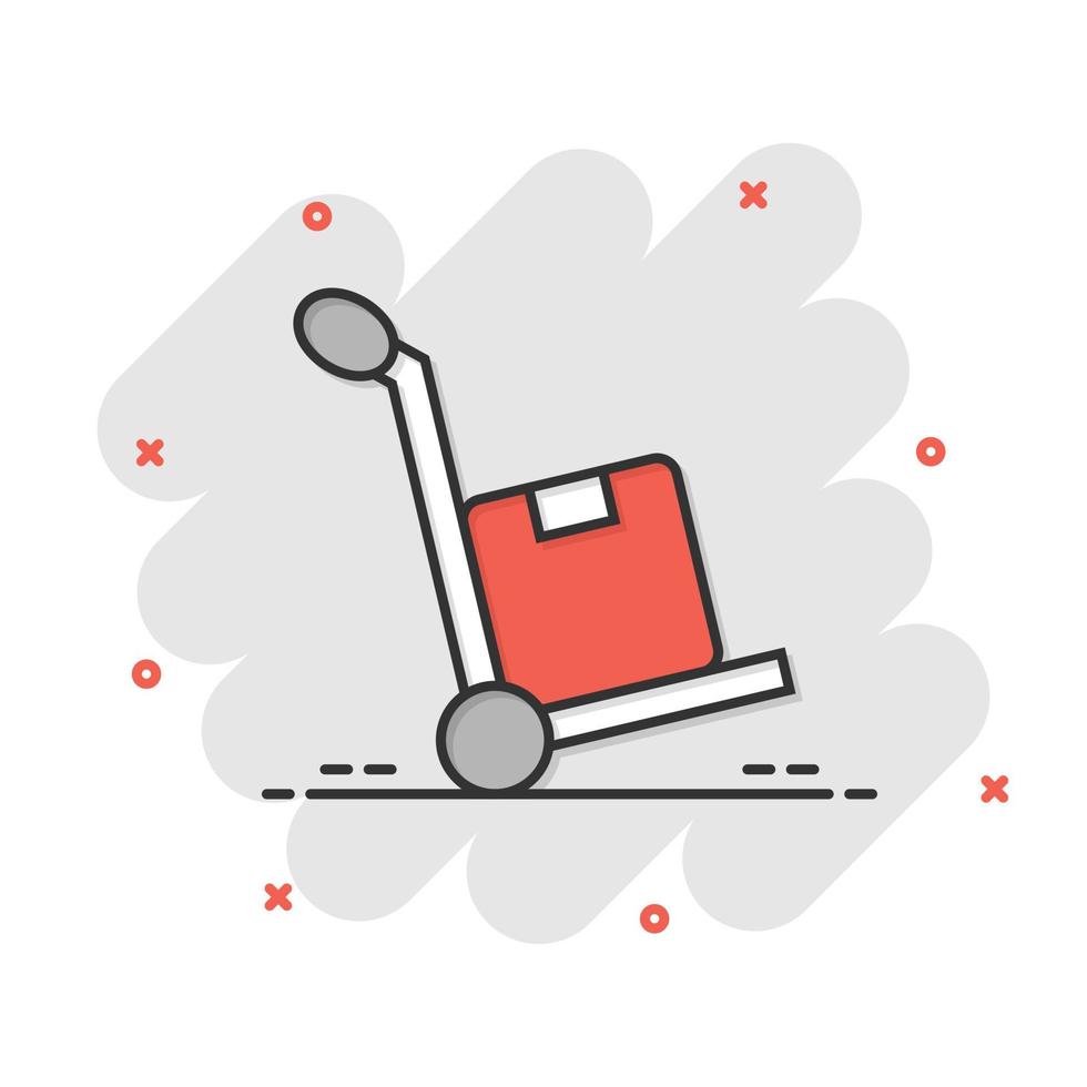 Cargo-Trolley-Symbol im Comic-Stil. Lieferung Box Cartoon-Vektor-Illustration auf weißem Hintergrund isoliert. Geschäftskonzept für den Versand von Kartons mit Splash-Effekt. vektor