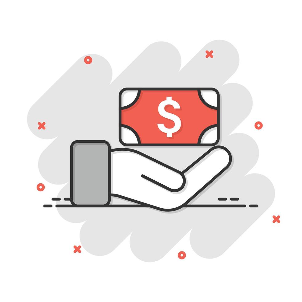 Vergütungssymbol im Comic-Stil. Geld in der Hand Cartoon-Vektor-Illustration auf weißem Hintergrund isoliert. Banknote Payroll Splash-Effekt Geschäftskonzept. vektor