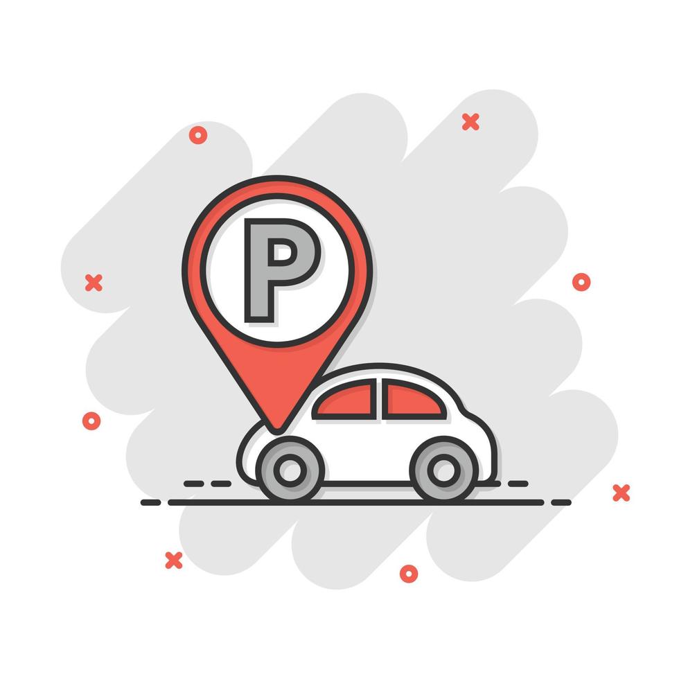 Parkplatz-Symbol im Comic-Stil. Auto stehen Cartoon-Vektor-Illustration auf weißem Hintergrund isoliert. roadsign Splash-Effekt-Geschäftskonzept. vektor