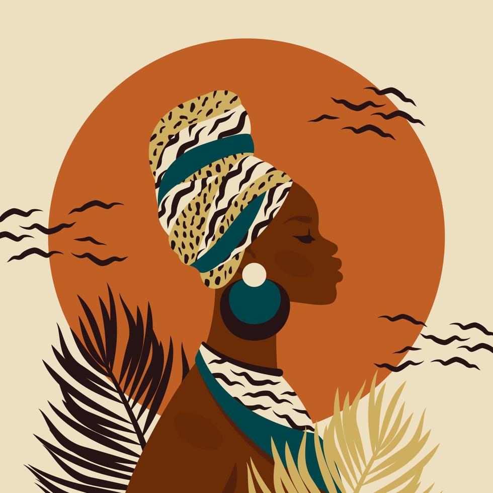afrikansk skön kvinna. kvinna etnisk karaktär i nationell Kläder, turban. porträtt konst med solnedgång, handflatan lämnar.ung afrikansk flicka för avatar, vykort, mode, skönhet. vektor platt illustration