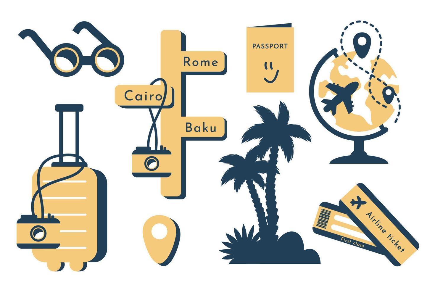 samling av resa ikon. uppsättning av turism mall för webb, reklam, reklam, resa byrå. resa etiketter som plan biljett, pass, kamera, handflatan, plats symbol, solglasögon, resväska. vektor