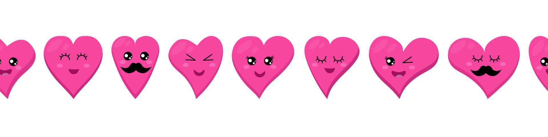 nahtlose Herzgrenze. Wiederholen von lustigen fröhlichen Herz-Emoticons, Liebes-Emoji-Muster. sich wiederholendes Valentinsdesign. Verwendung für Banner, Zierleisten, Bänder vektor