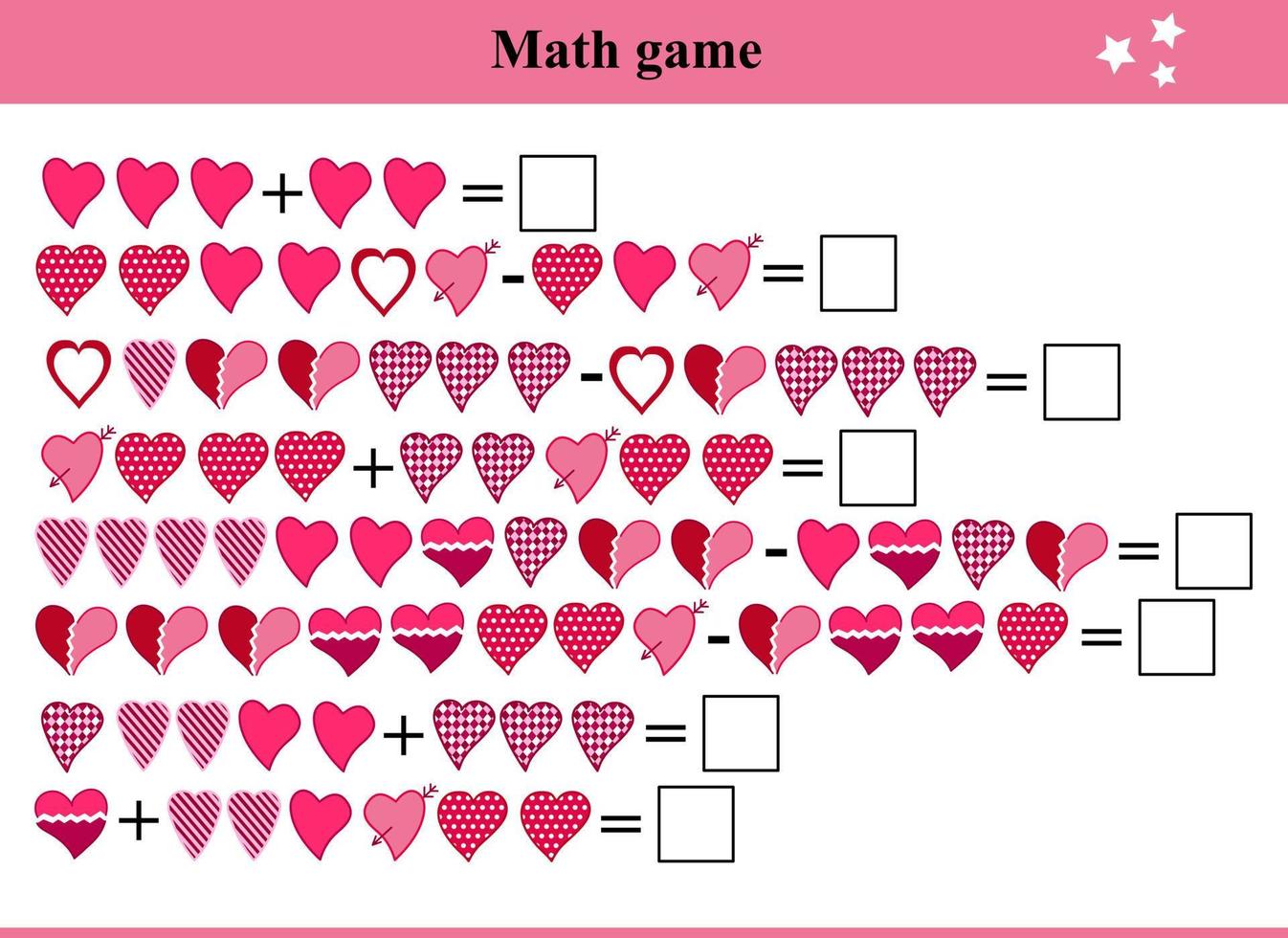 Beispiele für Addition und Subtraktion mit Herzen. Lernseite mit mathematischen Beispielen für Kinder vektor