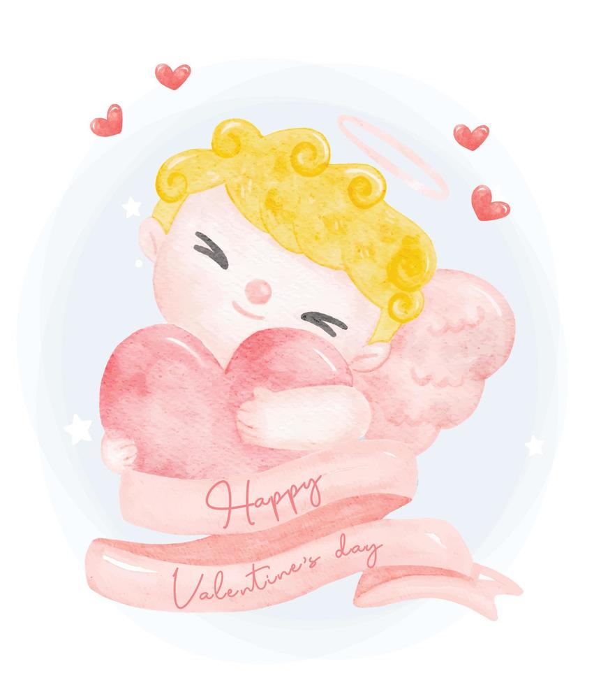 söt vattenfärg Lycklig leende valentine cupid pojke blond lockigt hår kram stor röd hjärta Lycklig hjärtans dag band baner tecknad serie karaktär hand målning illustration vektor