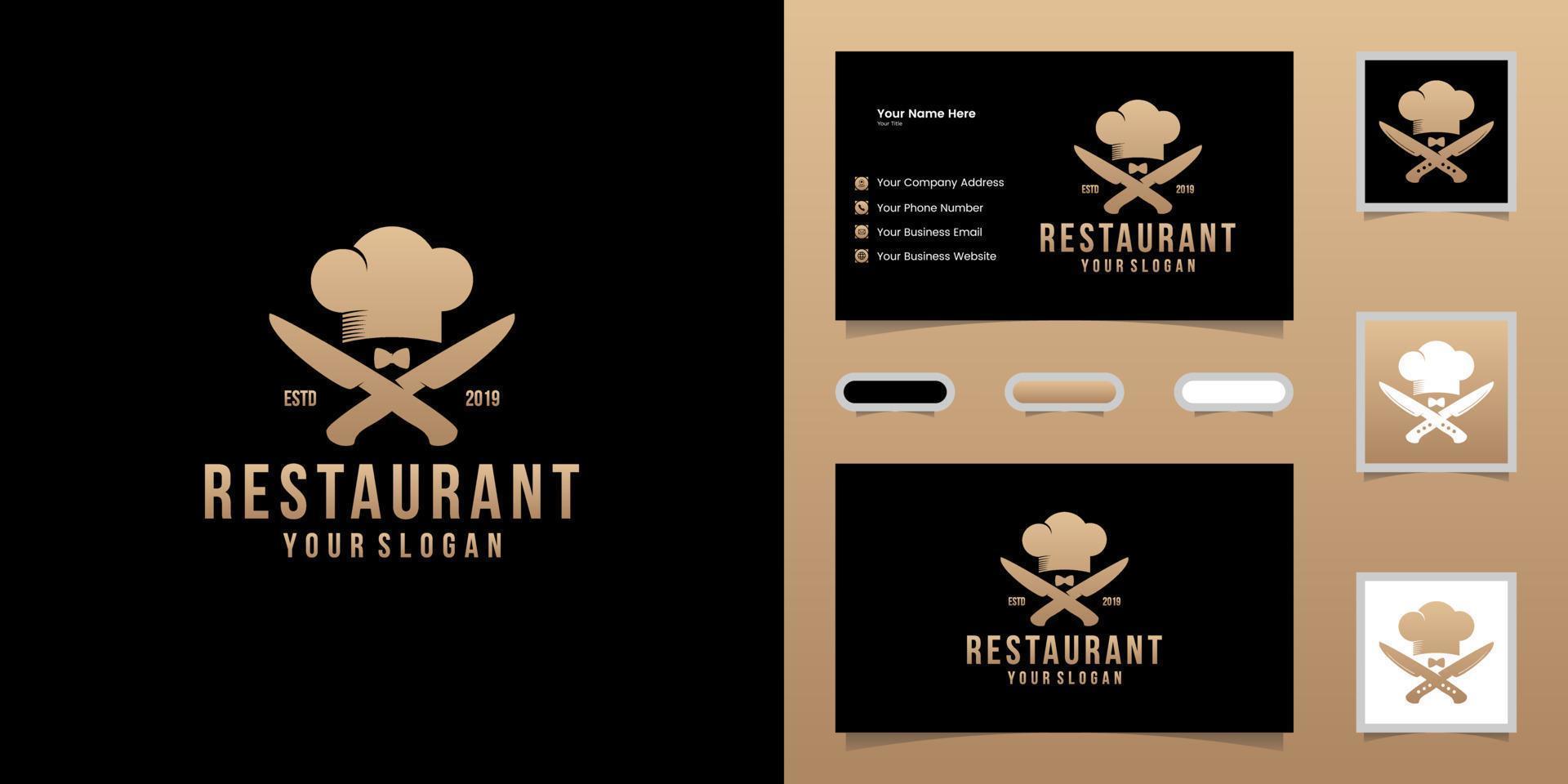 restaurang logotyp, trendig retro stil illustration. korsa silhuett av kock kniv och hatt och företag kort inspiration vektor