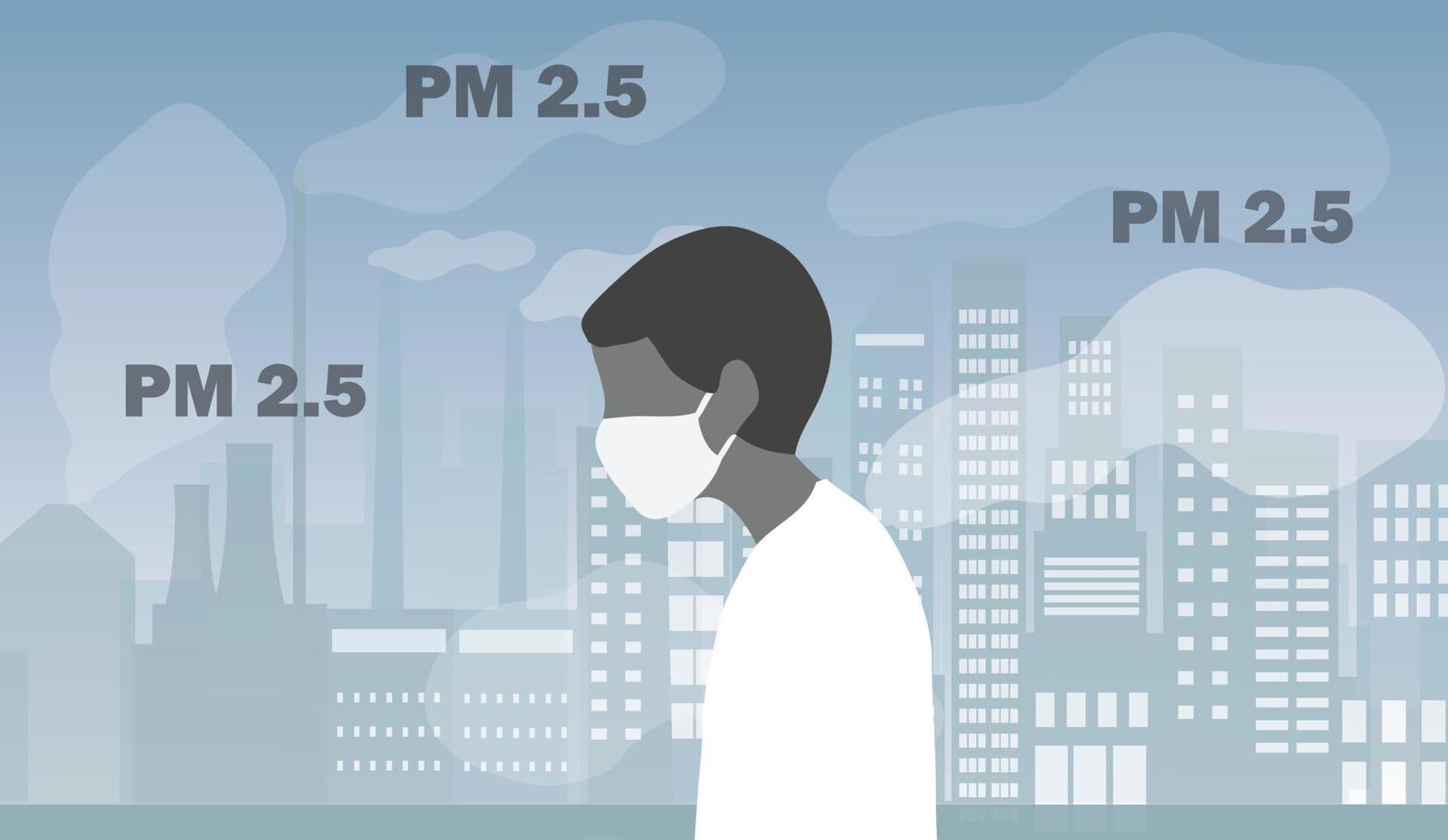 menschen, die gesichtsmasken tragen, schützen pm 2,5 rauch, staub und luftverschmutzung in der stadt, fabrikrohre und industriesmog-vektorillustration. hintergrund des umwelt- und luftverschmutzungskonzepts vektor