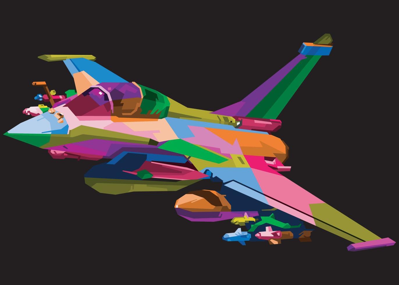 buntes Kampfflugzeug im Pop-Art-Stil isoliert auf schwarzem Hintergrund vektor