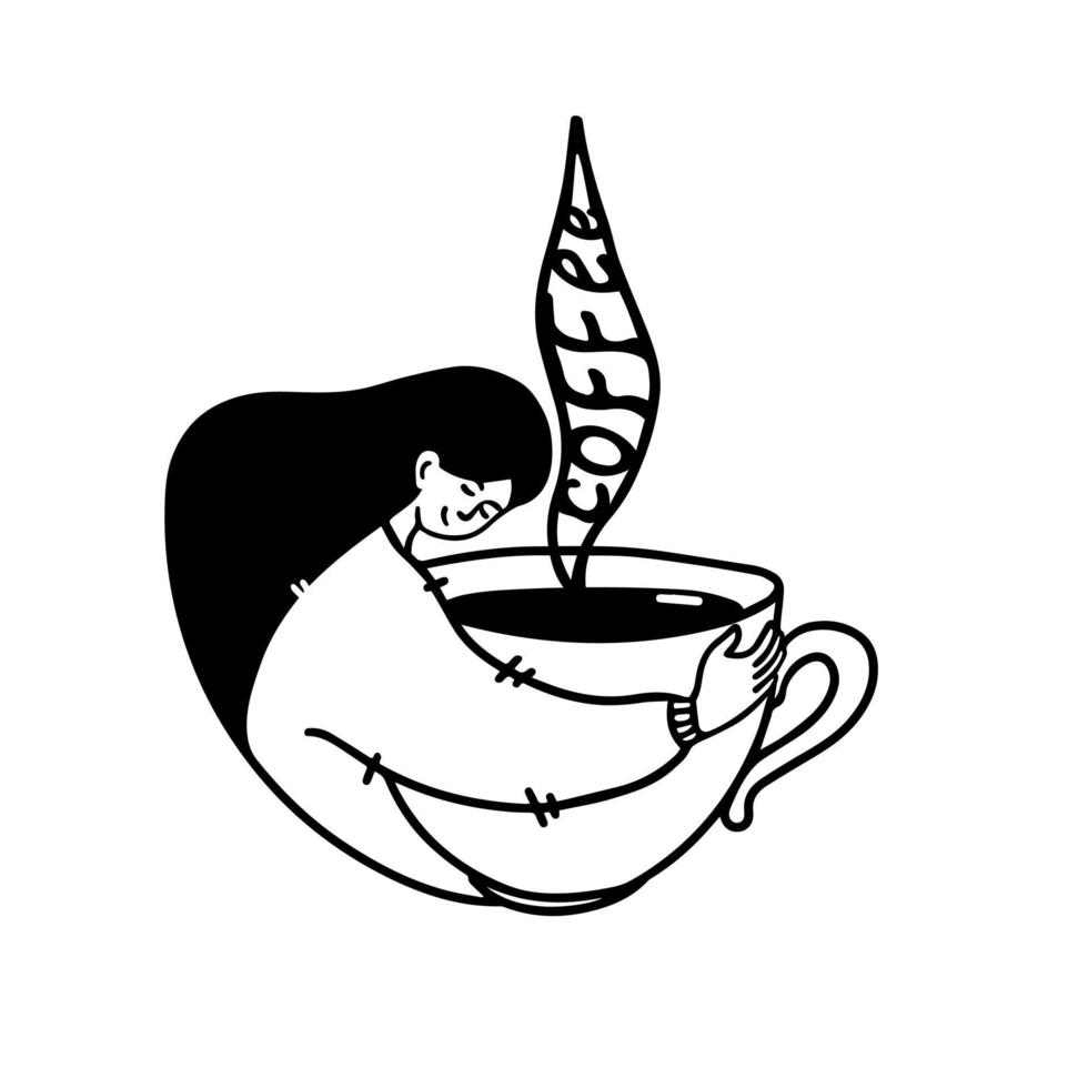 Schläfrige Frau im Pullover mit Kaffee umarmt große Tasse mit handgezeichnetem Schriftzug Wintermorgenkonzept vektor