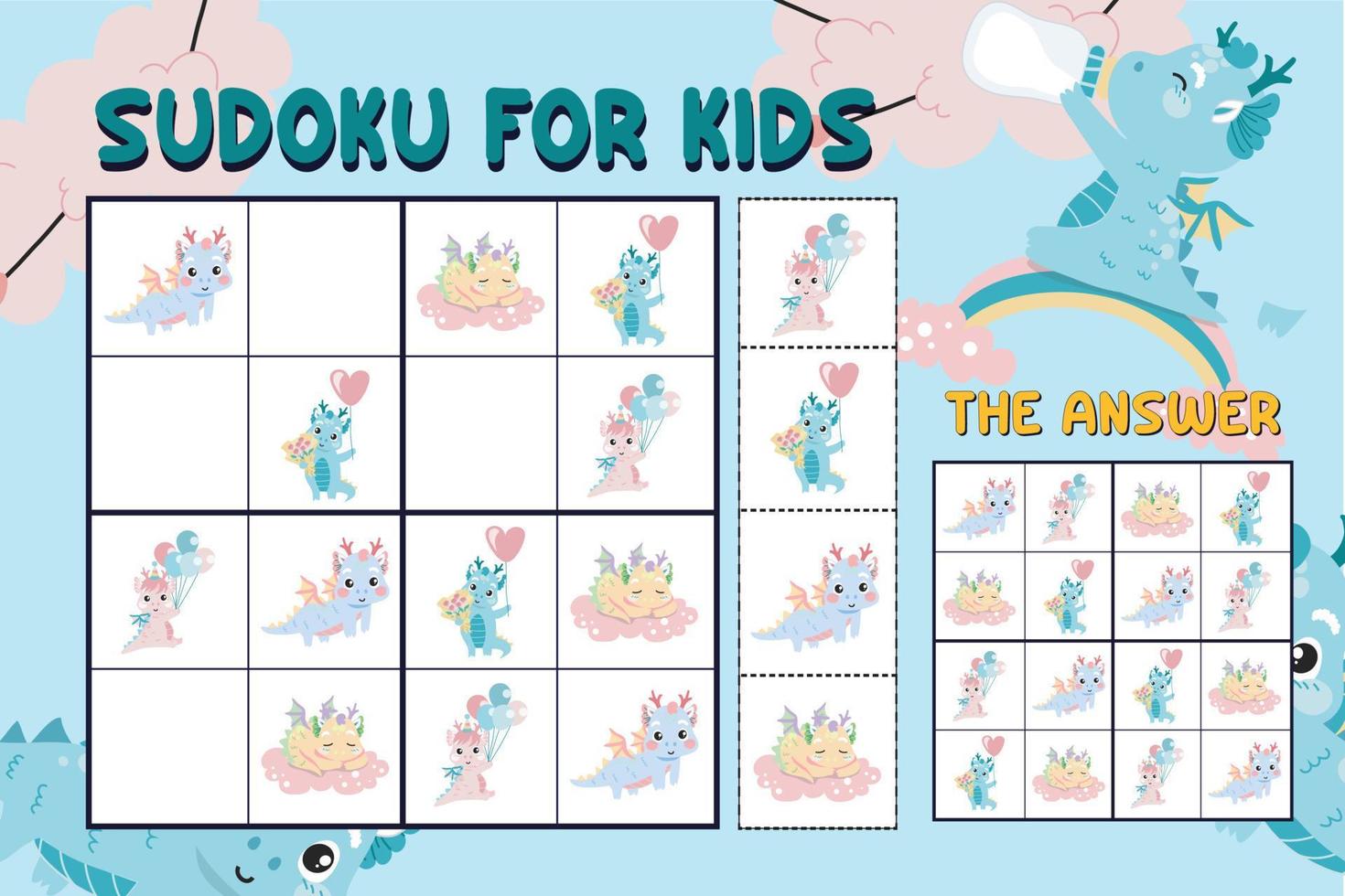Sudoku-Blatt für Kinder. Bildungsarbeitsblatt für Kinder. Druckbares Puzzlespiel für die Vorschule. süße und lustige Zeichentrickfiguren. Vektor-Illustration. vektor
