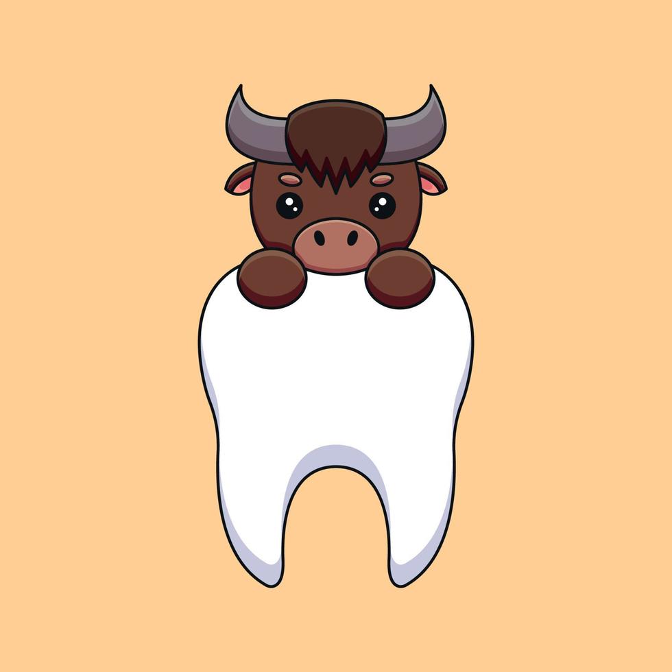 söt buffel innehav tand tecknad serie maskot klotter konst hand dragen översikt begrepp vektor söt ikon illustration