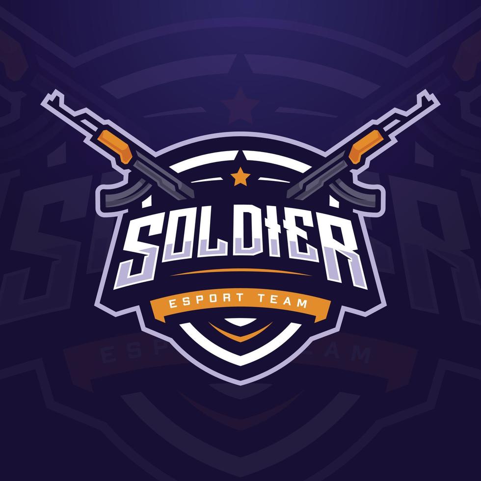 soldat e-sport logotyp mall med pistol för spel team eller gaming turnering vektor