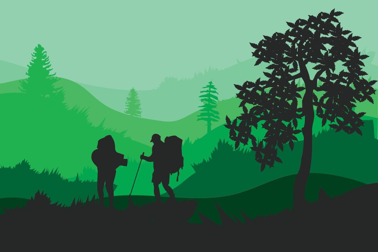 1 Team Wanderer, Backpaker, Touristen stehen in Berglandschaft mit Wald unter Sonnenuntergangshimmel, mit Wolken und fliegenden Vögeln, Baum vektor