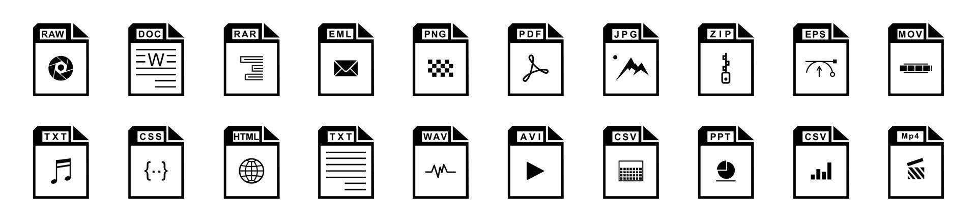 große sammlung von vektorsymbolen, dateierweiterungen diverse symbole gesetzt - ein satz von computerdateien und softwaresymbolen bestandsvektor vektor