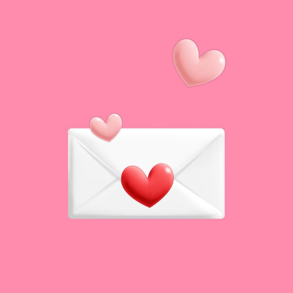 3D-Vektor-Rosa-Banner-Vorlage romantischer Valentinstag Liebe weißer Umschlag Postbrief mit rotem Herz formt Symbol-Mockup-Design vektor