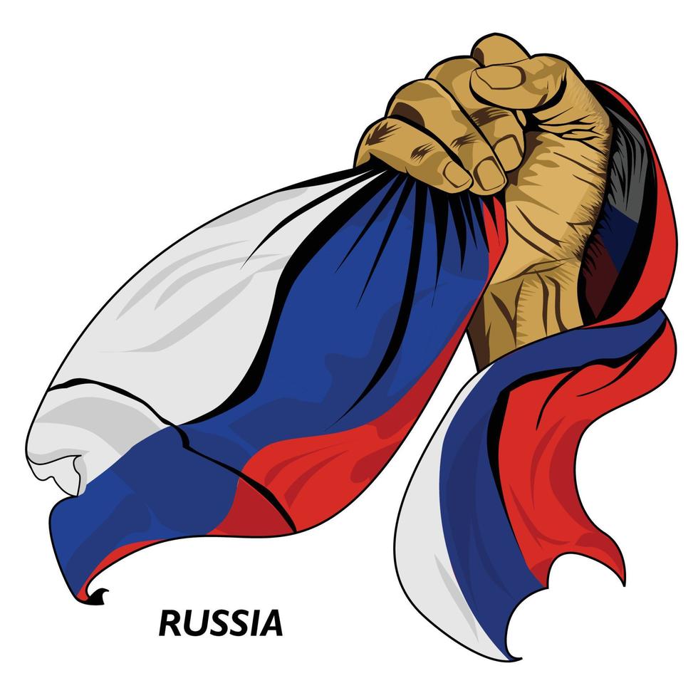 fisted hand innehav ryska flagga. vektor illustration av hand lyft och gripa tag i flagga. flagga drapering runt om hand. redigerbar och skalbar eps formatera