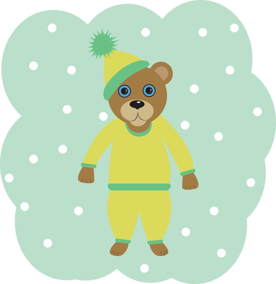 söt teddy Björn i en hatt och gul pyjamas på en blå bakgrund med polka prickar barns illustration vektor