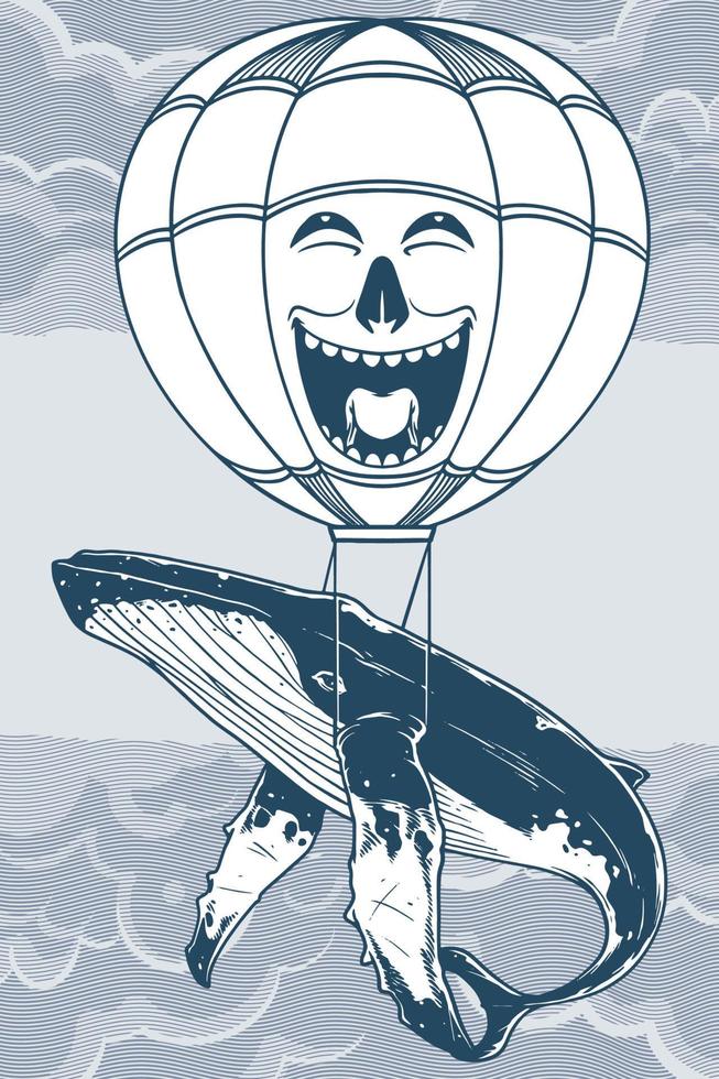 handzeichnung des fliegenden rades mit luftballon im ozeanthema. vektor