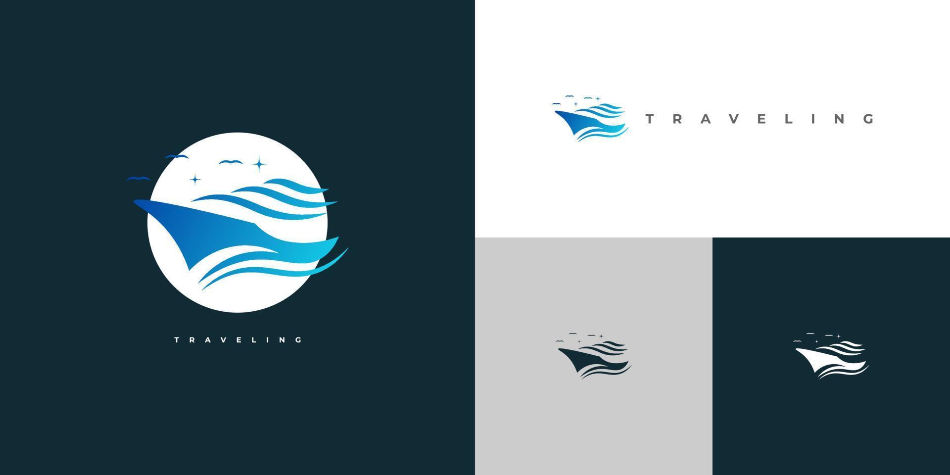 blå kryssning logotyp design med fåglar och stjärnor. Yacht logotyp för resa eller turism industri logotyp vektor