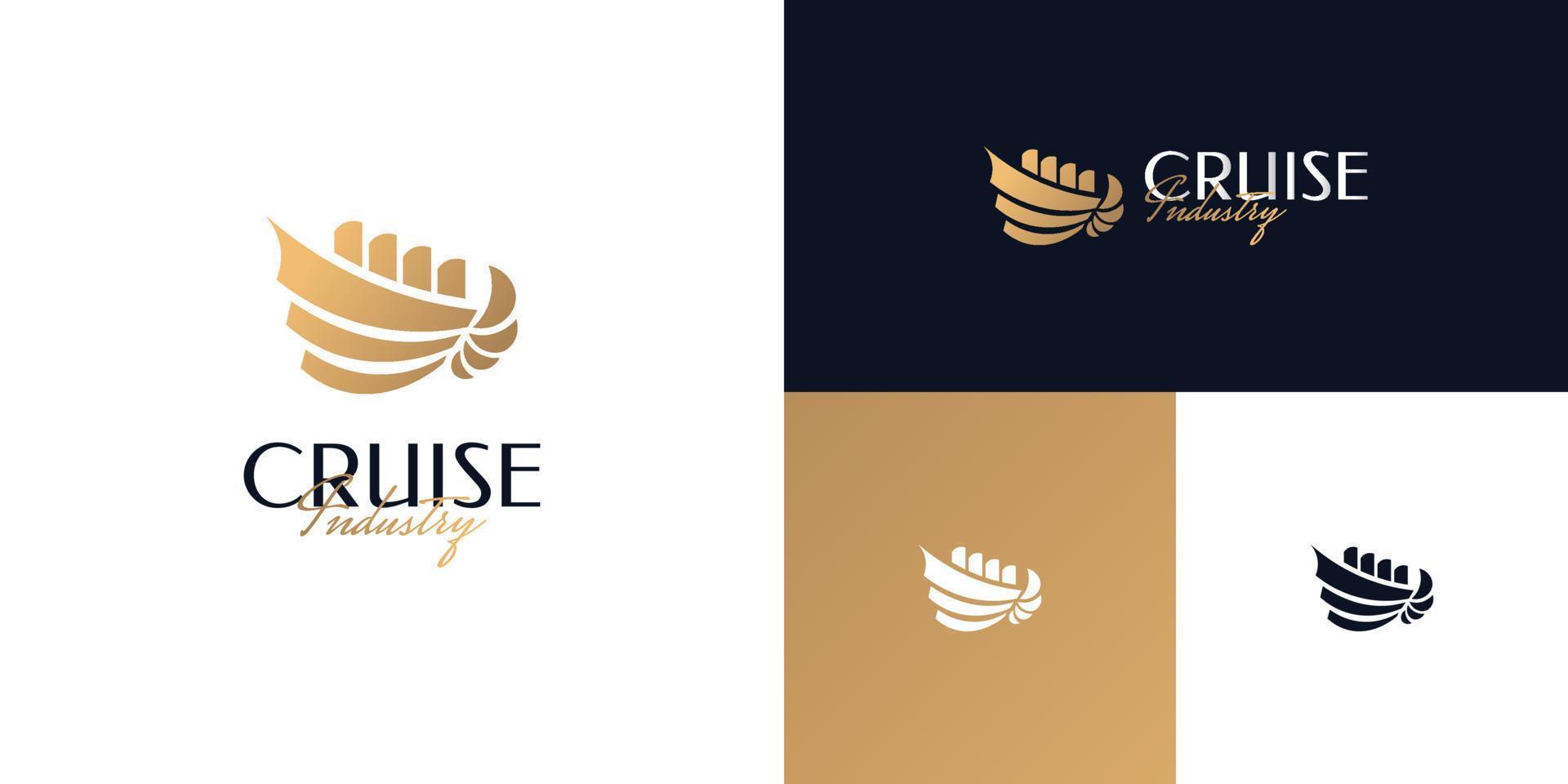 lyx gyllene kryssning logotyp design med vingar symbol. Yacht eller fartyg logotyp för resa och turism industri företag logotyp vektor