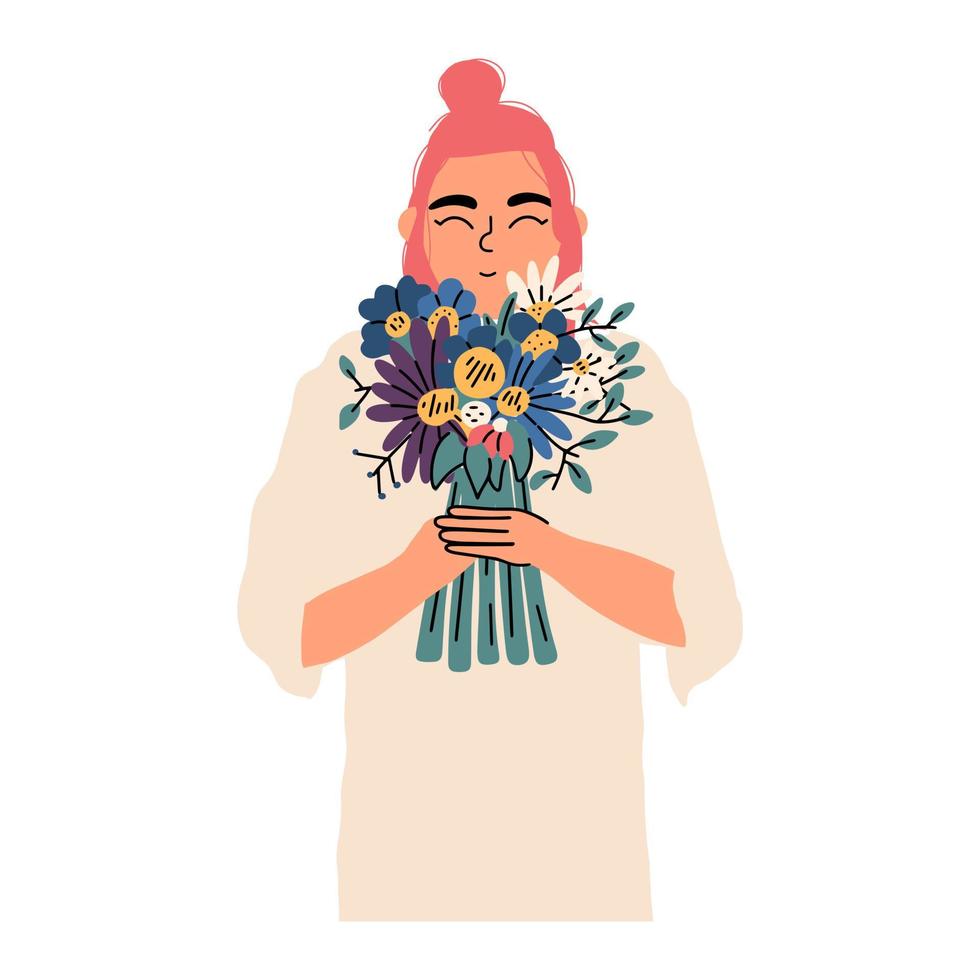 söt flicka med en bukett av blommor i henne händer. vykort design, kort. vektor hand dragen illustration. vektor hand dragen illustration