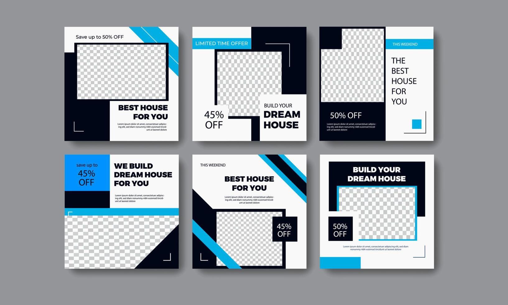 sätze von immobilien instagram post social media layouts template design bundle vector. modernes digitales marketing quadrat social media promo poster verkauf rabatt social media werbedesign vektor