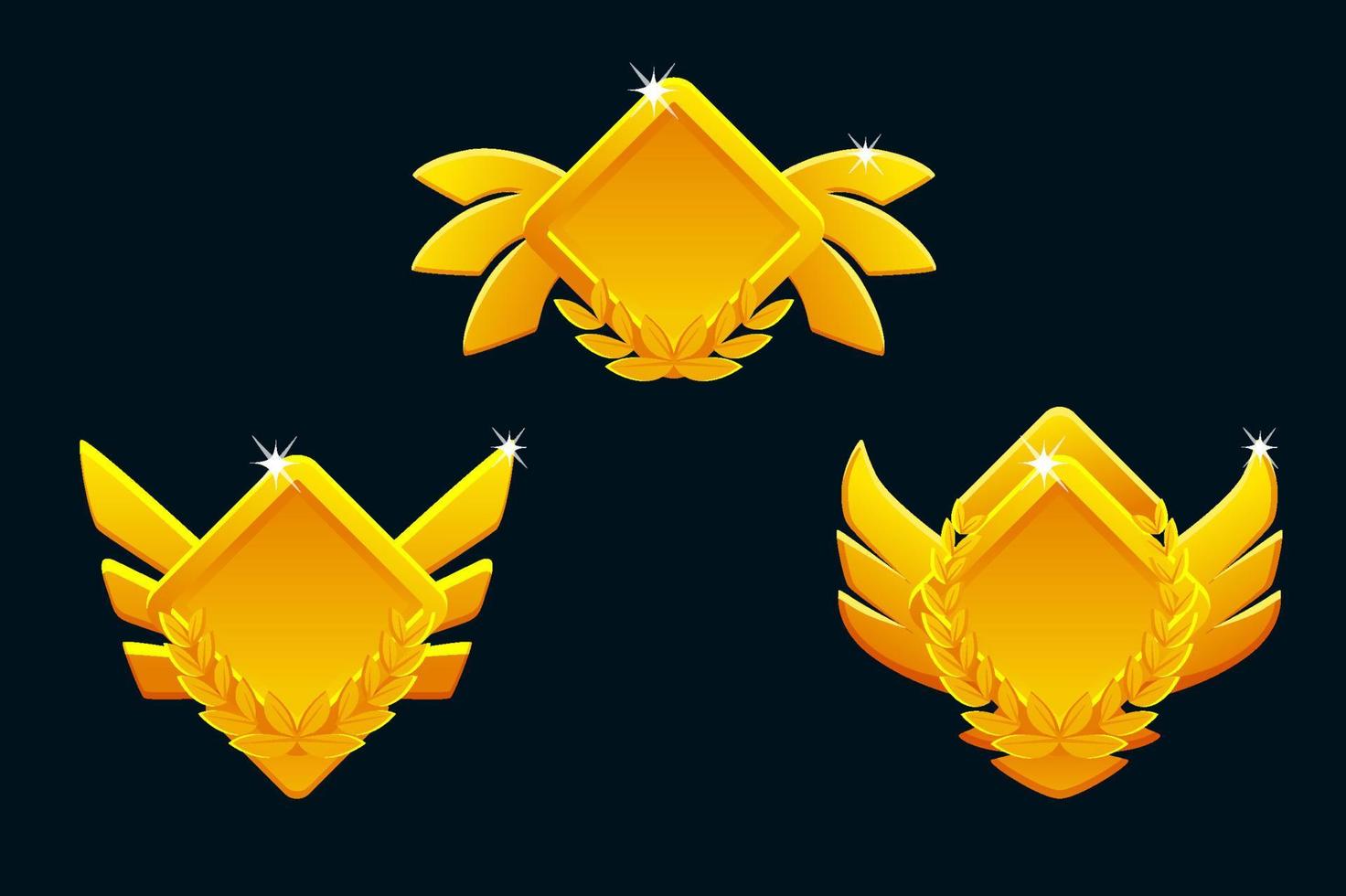 goldene spielrangsymbole isoliert. spielabzeichenknöpfe im rautenrahmen mit flügeln vektor