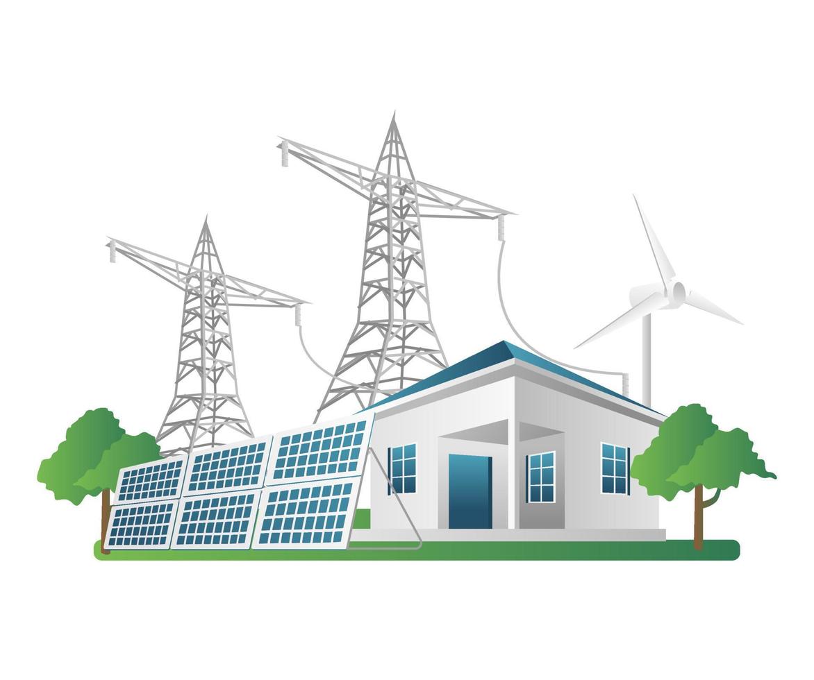 Flaches isometrisches Konzept 3D-Illustration Solarpanel Strommast für zu Hause vektor