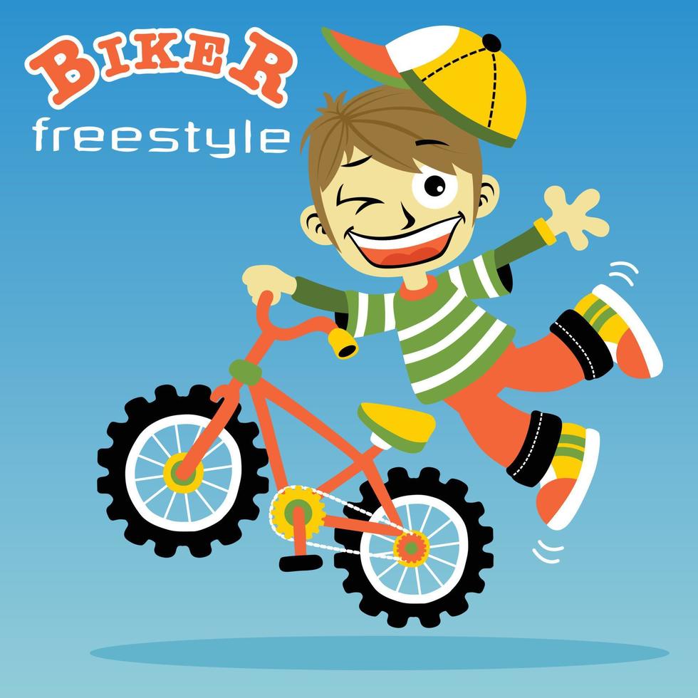 vektor tecknad serie av rolig pojke de freestyle cyklist