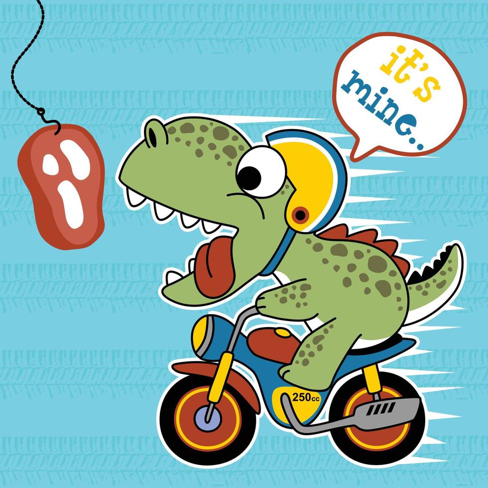lustiger dinosaurier, der motorrad fährt, verfolgt ein fleisch, vektorkarikaturillustration vektor