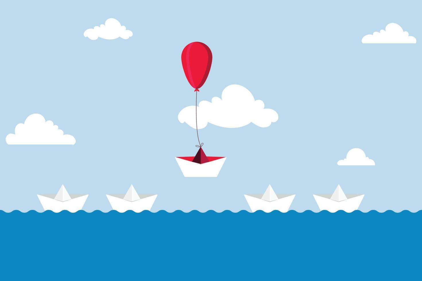 Denken Sie anders, Innovation, um sich vom wiederkehrenden herkömmlichen Wunderkonzept abzuwechseln, heben Sie das Origami-Papierboot hervor, das mit einem Luftballon in einem bestimmten Kurs fliegt, anstatt andere zu beobachten vektor