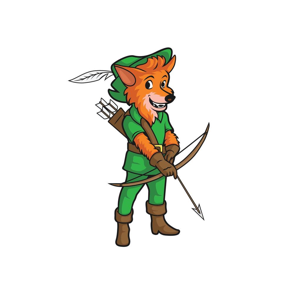 en tecknad serie karaktär räv klädd som ett archer med hatt och rosett och pil logotyp vektor illustration