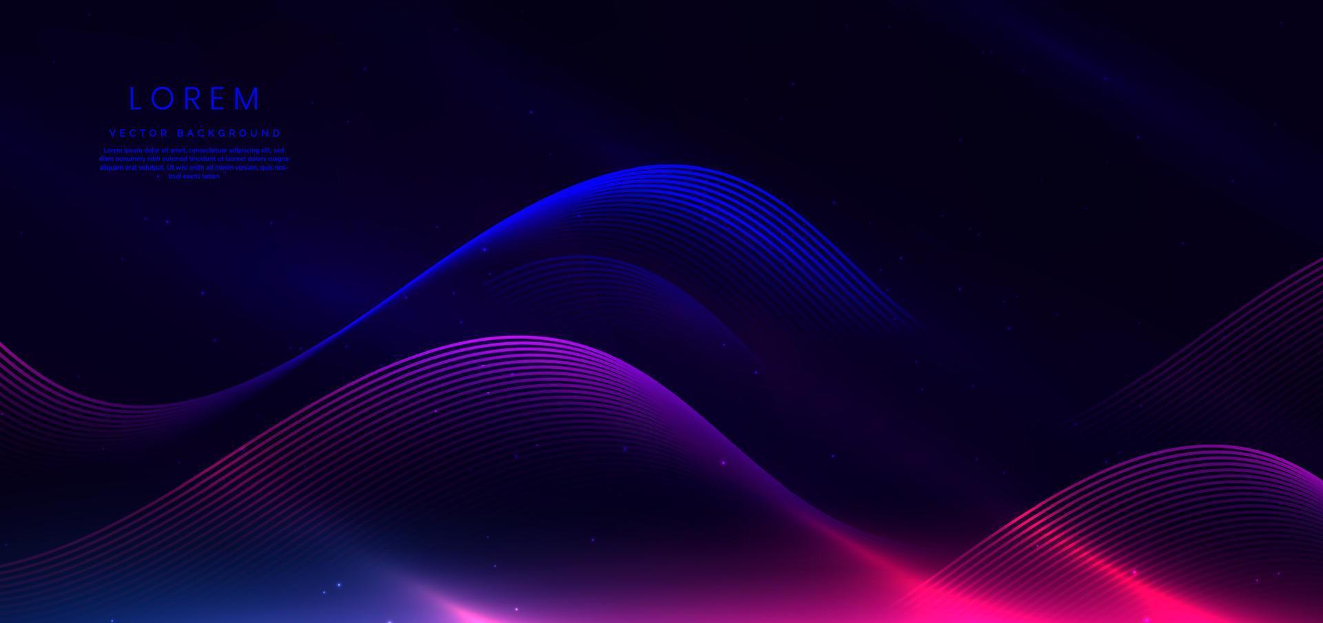 abstrakt digital teknologi trogen neon rader Vinka form lysande blå och rosa med belysning effekt på mörk blå bakgrund. vektor