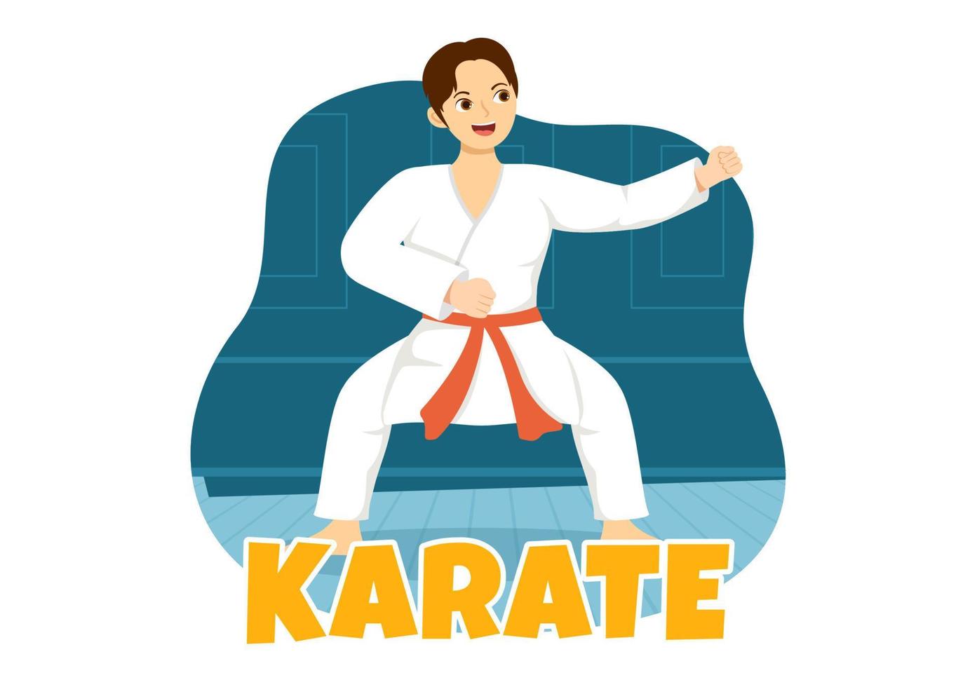 barn håller på med några grundläggande karate krigisk konst rör sig, stridande utgör och bär kimono i tecknad serie hand dragen för landning sida mallar illustration vektor