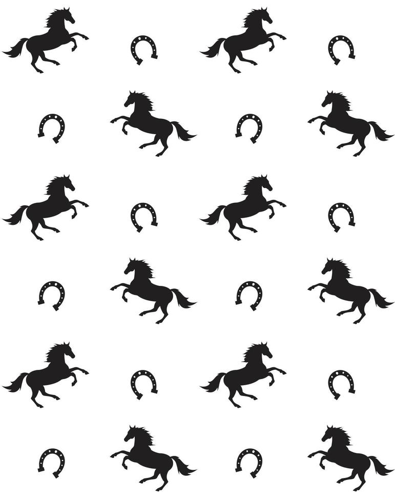 Vektornahtloses Muster aus schwarzem Pferd und Hufeisen-Silhouette isoliert auf weißem Hintergrund vektor