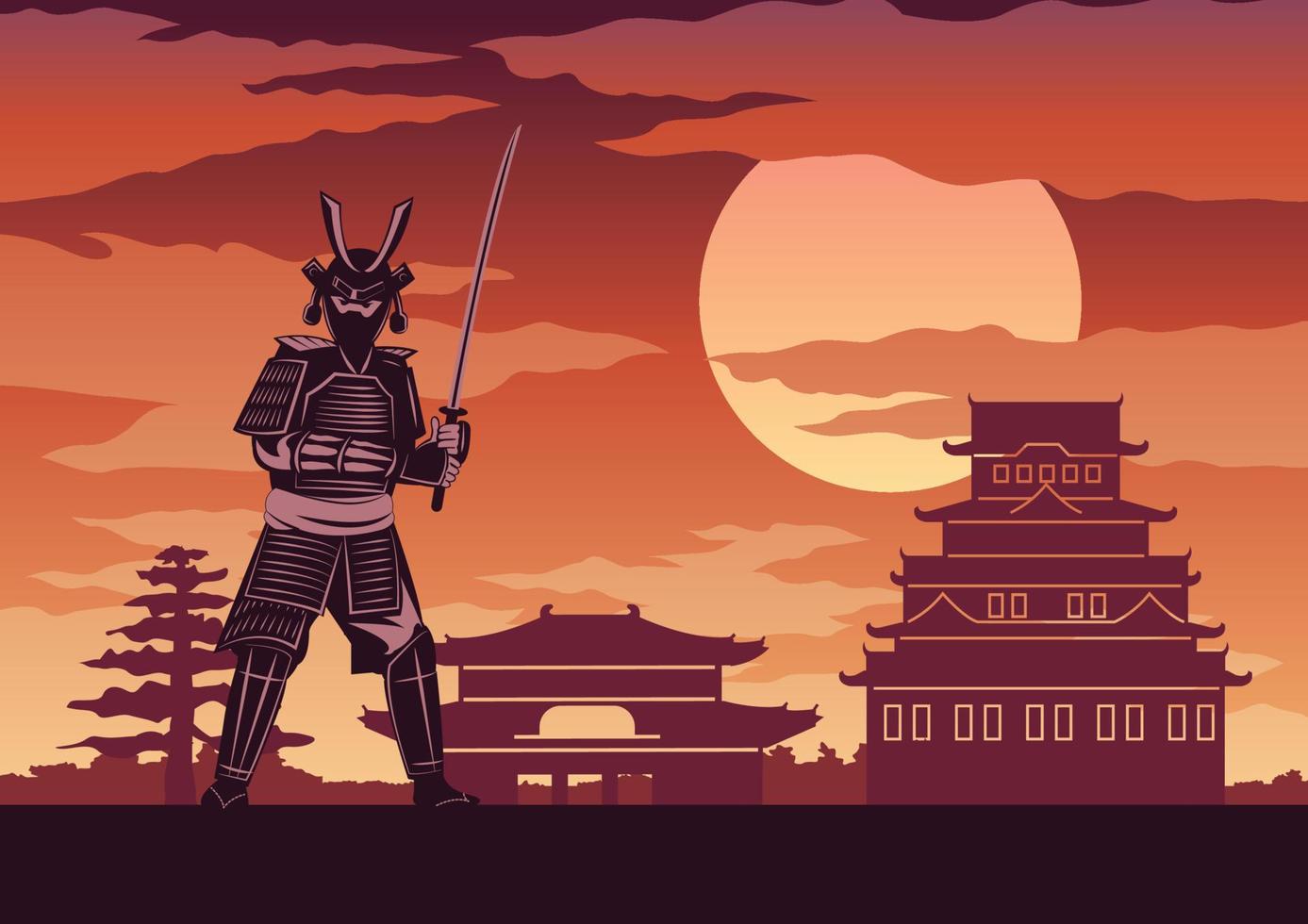 ritter von japan namens samurai posieren vor burg mit japanischer architektur, um seinen respektplatz bei sonnenuntergang zu schützen, silhouettendesign, vektorillustration vektor